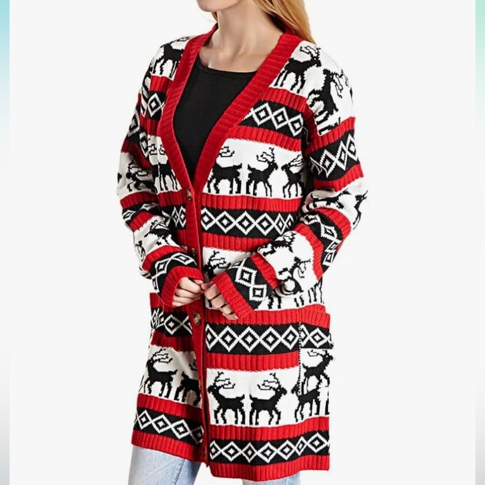 V28 Womens Oversized Festive Reindeer Cardigan.
